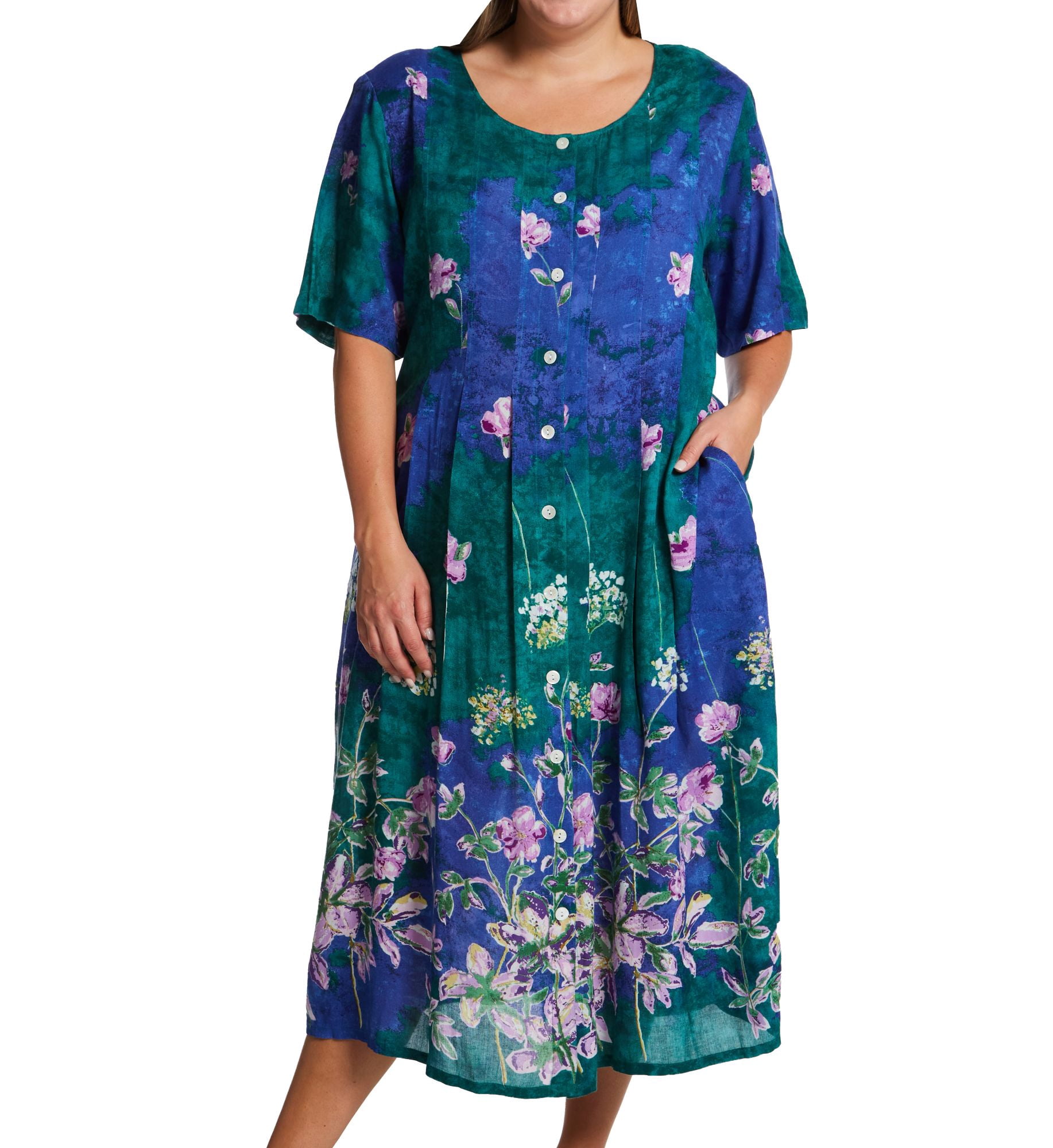 Women's La Cera 2708X Plus Button Front Rayon Long Lounge Dress (Teal ...