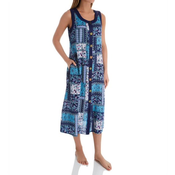 Women's La Cera 2746B Button Front Sleeveless Lounge Dress with Pockets (Blue L)