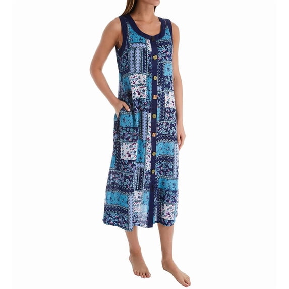 Women's La Cera 2746B Button Front Sleeveless Lounge Dress with Pockets (Blue XL)
