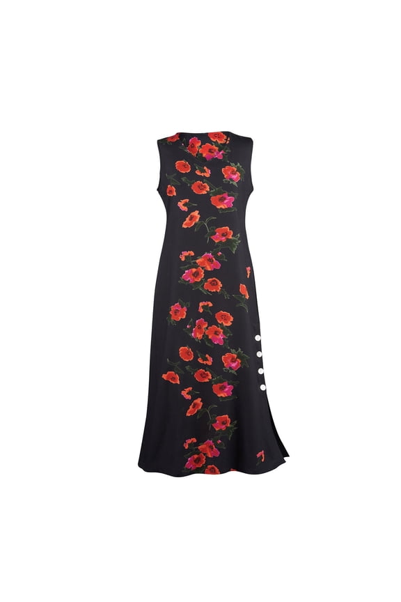 Women's La Cera 2771X Plus Sleeveless Rayon Floral Lounge Dress (Black/Red 2X)