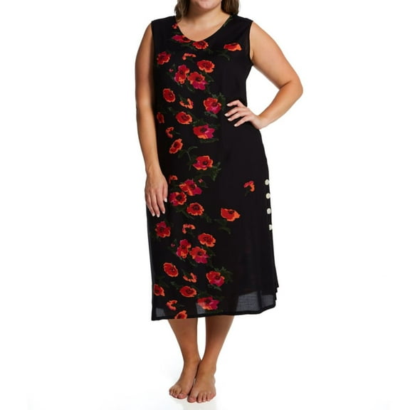 Women's La Cera 2771X Plus Sleeveless Rayon Floral Lounge Dress (Black/Red 3X)