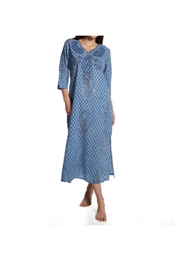 Women's La Cera 3002 100% Cotton Sequin Caftan (Blue Paisley L)
