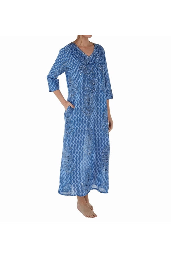 Women's La Cera 3002 100% Cotton Sequin Caftan (Blue Paisley L)