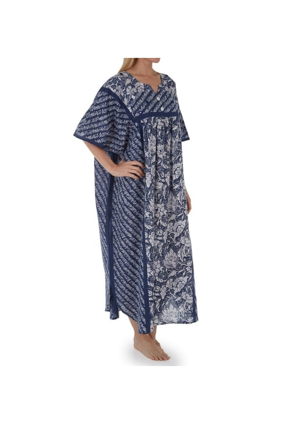 Women's La Cera 3004 100% Cotton Block Pattern Caftan (White/Navy O/S)