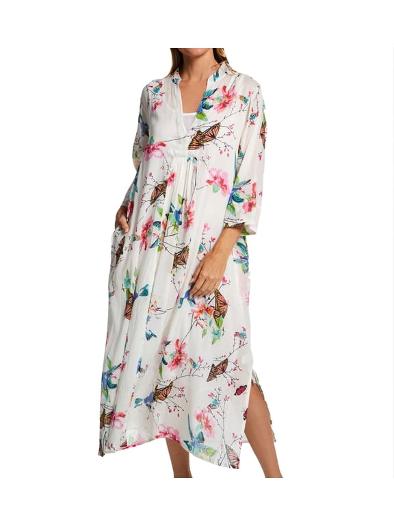 Women's La Cera 3055 100% Cotton Voile Lined Hummingbird Print Caftan (White/Hummingbird M)