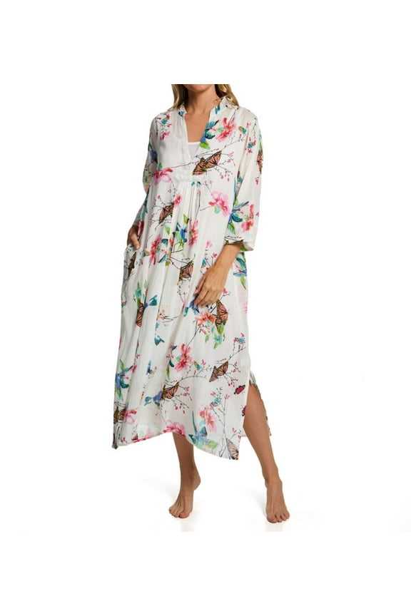 Women's La Cera 3055 100% Cotton Voile Lined Hummingbird Print Caftan (White/Hummingbird S)