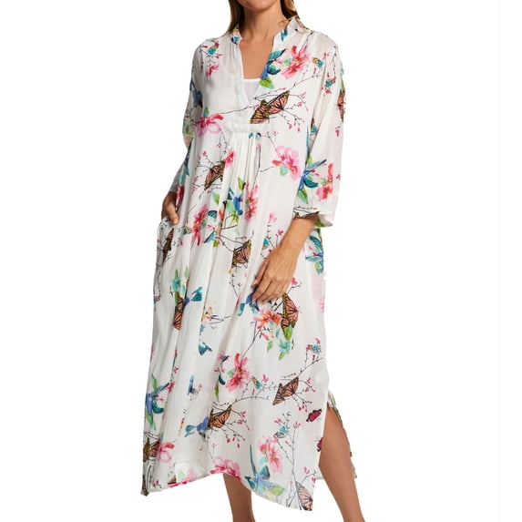 Women's La Cera 3055 100% Cotton Voile Lined Hummingbird Print Caftan (White/Hummingbird XL)