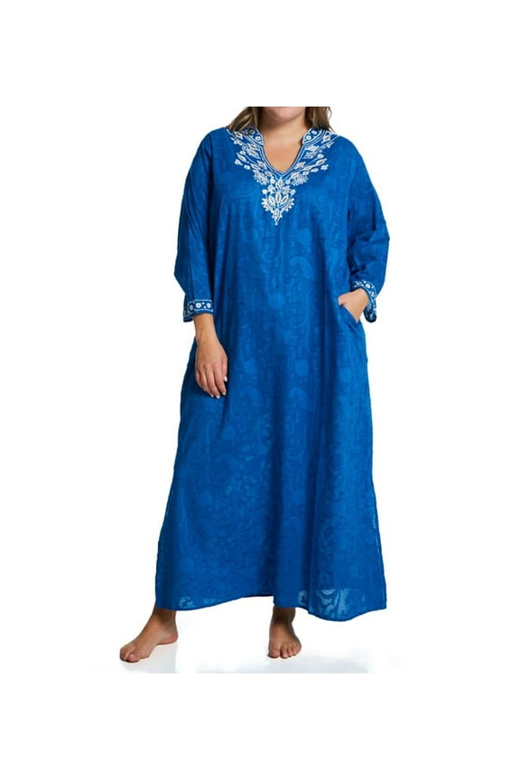 Women's La Cera 3117X Plus 100% Cotton Woven Embroidered Jacquard Caftan (Royal 2X)