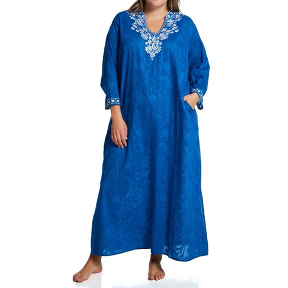 Women's La Cera 3117X Plus 100% Cotton Woven Embroidered Jacquard Caftan (Royal 3X)