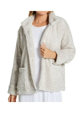La Cera Women's Cozy Cotton Flannel Bed Jacket — Soft Snap Front & Drawstring Tie, Loose Hip-Length Style In Pink