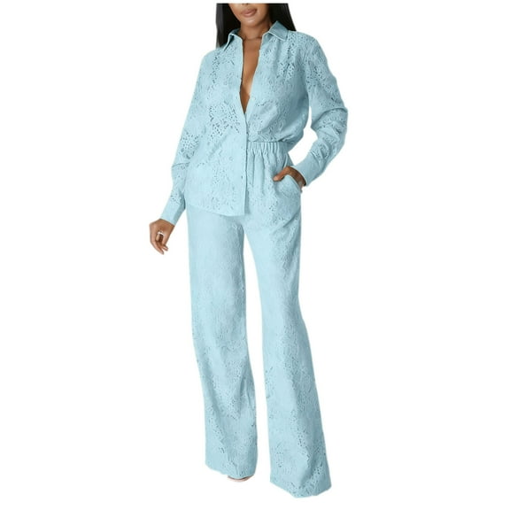 Women's Lace 2 Piece Outfits Long Sleeve Button Up Shirt and Wide Leg Pant Sets Pockets Dressy Casual Clothing (XL, Sky Blue)