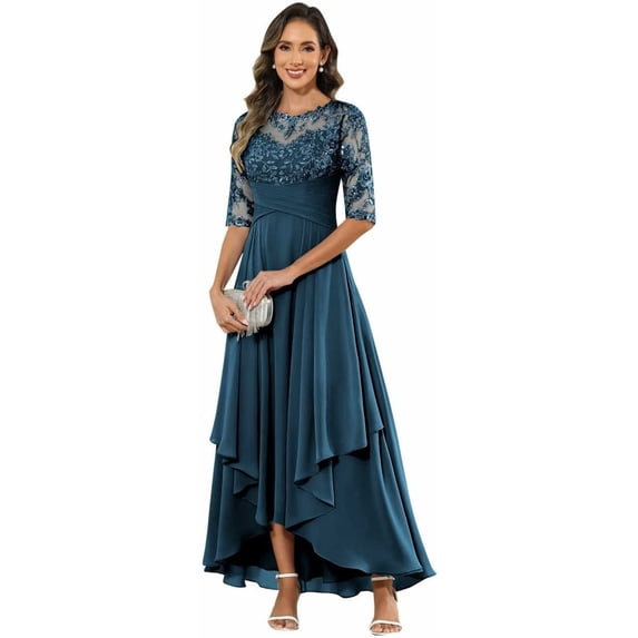 Women's Lace Applique Mother of the Bride Dress 3/4 Sleeve V-Neck A ...