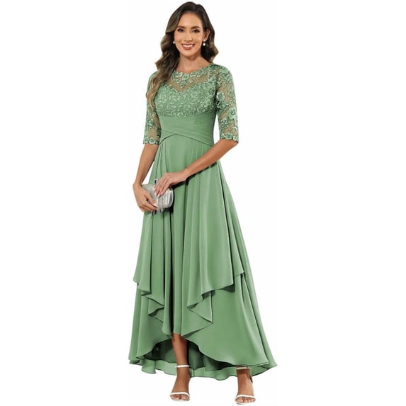 Women's Lace Applique Mother of the Bride Dress 3/4 Sleeve V-Neck A ...
