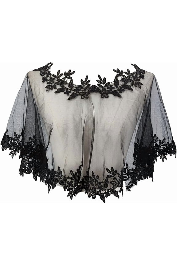 Women's Lace Appliques Shawls Wedding Bridal Cape Shoulder Covers Single Layer Sheer Wedding Floral Lace Cape Black DIY