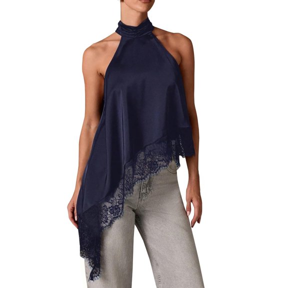 Women's Lace Asymmetrical Top,Women Satin Sleeveless Mo Ne Lace Trim Tank Top Elegant Baless Asymmetric Hem Going Out Halter Tops Blue L