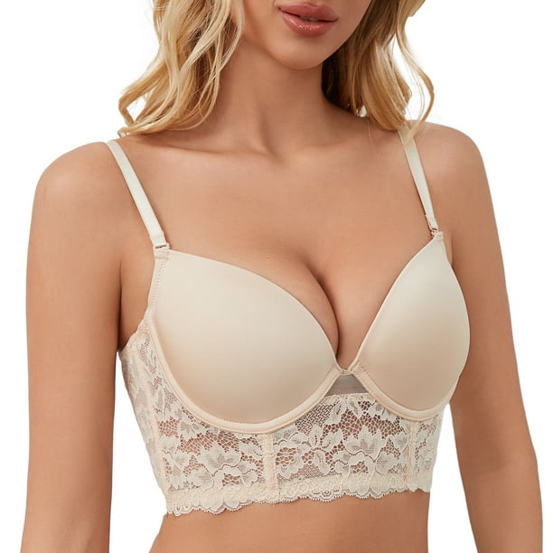 Women's Lace Backless Bralette Comfort Lowback Deep V Underwire Bra(34D,Beige)