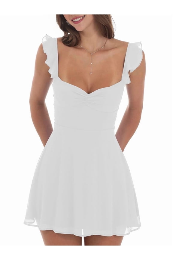 Women's Lace Backless Ruffle Mini Strap Short Formal Grad Line Dress for Daily Wear White L