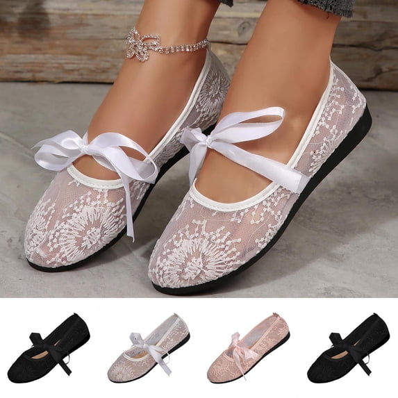 Women's Lace Ballet Flats with Bow Tie, Trendy Round Toe Breathable Mesh Flat Shoes, Comfortable Soft Sole Casual Dress Shoes, Plus Size Available for Wide Feet, Fashionable Sweet Style Walking Shoes