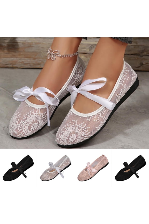 Women's Lace Ballet Flats with Bow Tie, Trendy Round Toe Breathable Mesh Flat Shoes, Comfortable Soft Sole Casual Dress Shoes, Plus Size Available for Wide Feet, Fashionable Sweet Style Walking Shoes