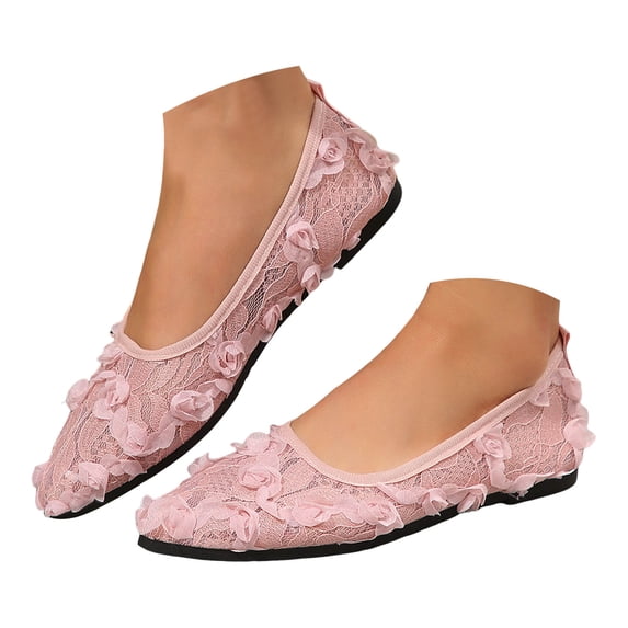 Women's Lace Ballet Flats Pointed Toe Lightweight Non Slip Floral Applique Mesh Slip On Dress Shoes Pink Size 7