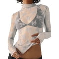 thumbnail image 1 of Women's Lace Basic Shirts Mesh See-Through Long Sleeve Mock Neck T-shirts Ladies Casual Slim Fit Pullover Tops for Club Party Streetwear, 1 of 7