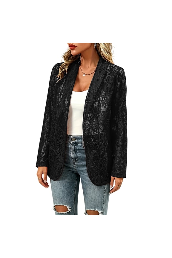 Women's Lace Blazer Open Front Button Down Sheer Mesh Blazer Elegant 3/4 Sleeve Casual Blazers Jacket,Black 2XL