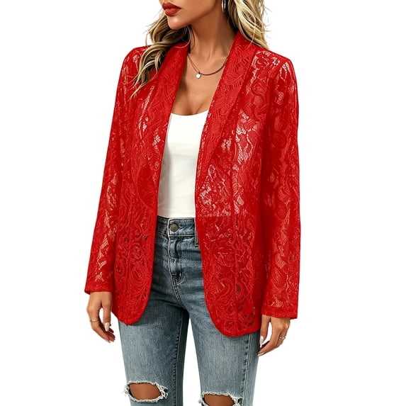 Women's Lace Blazer Open Front Button Down Sheer Mesh Blazer Elegant 3/4 Sleeve Casual Blazers Jacket,Red XL