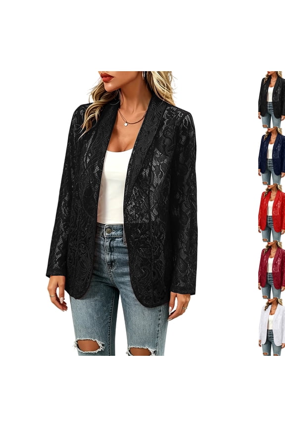 Women's Lace Blazer Open Front Sheer Mesh Blazer Coats Elegant Long Sleeve Casual Lightweight Dressy Summer Jacket,Black 2XL