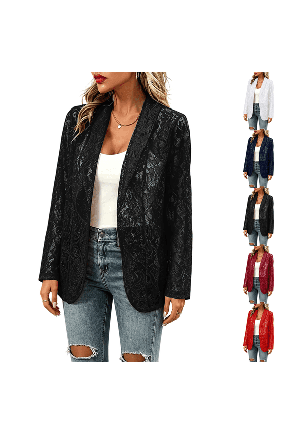 Women's Lace Blazer Open Front Sheer Mesh Blazer Coats Elegant Long Sleeve Casual Lightweight Dressy Summer Jacket Black S
