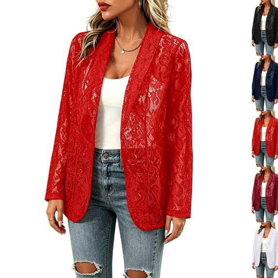 Women's Lace Blazer Open Front Sheer Mesh Blazer Coats Elegant Long Sleeve Casual Lightweight Dressy Summer Jacket,Red M