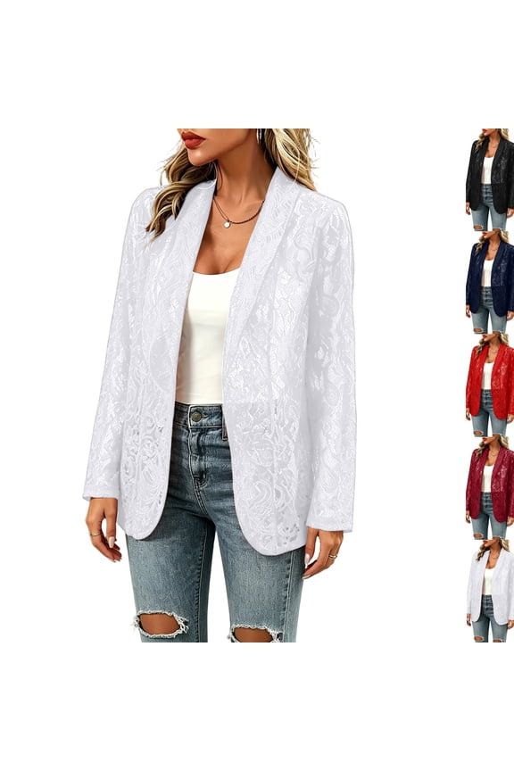 Women's Lace Blazer Open Front Sheer Mesh Blazer Coats Elegant Long Sleeve Casual Lightweight Dressy Summer Jacket,White S