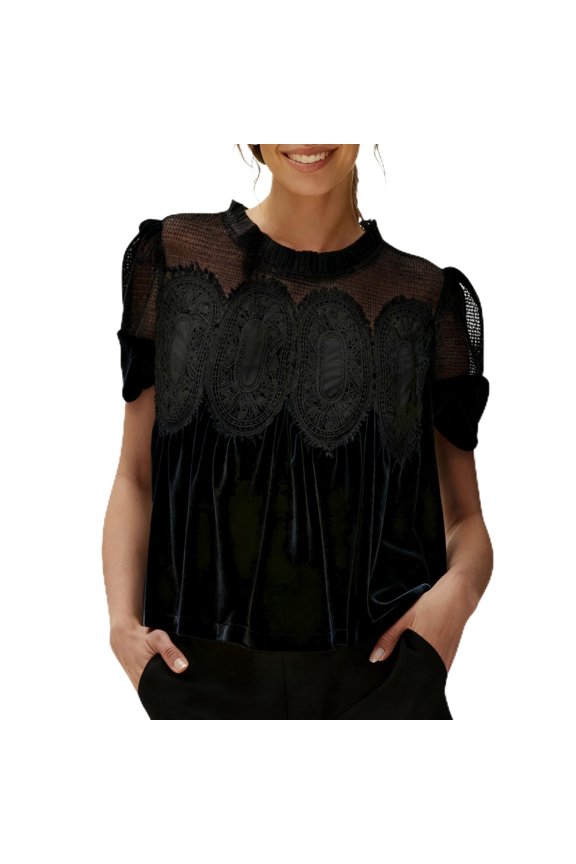 Women's Lace Blouse Casual Round Neck Short Sleeve Flared Swing Top Elegant Loose Intricate Back Design