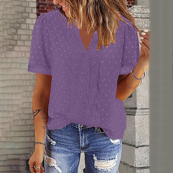 Women's Lace Blouse, Solid Short Sleeve Round Neck Pullover, Casual Lace Top for Daily Wear and Parties