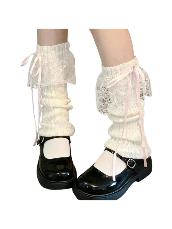 Women’s Lace Bow Leg Warmers, White, 15.75-Inch Length, polyester, lace ruffle cuff, for boots, sneakers, dance practice