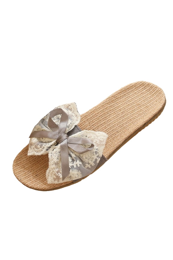 Women's Lace Bow Linen Slide Sandals Breathable Open Toe Flat Slippers Lightweight Casual Summer Walking Slides Gray Size 9.5
