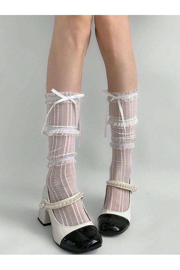 Women's Lace Bow Mid-Calf Socks, Sheer Mesh Ruffle Socks, Cute Academic Style for JK Uniforms