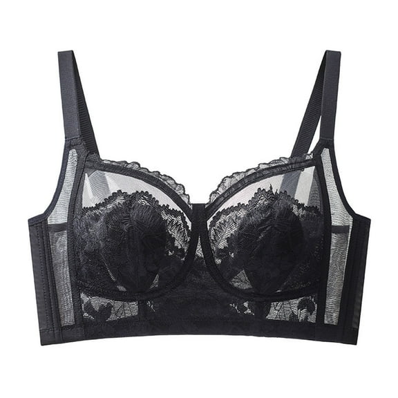 Women's Lace Bra Front Closure Bras Plunge See Through Mini Mesh Backless Gathered Back Sheer Underwire (L, Black)