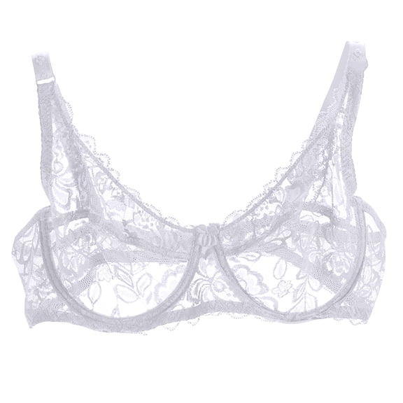 Women's Lace Bra Sheer Mesh Balconette See Through Push Up Bra Unlined No Underwire Embroidered