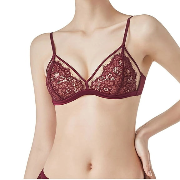Women's Lace Bras No Underwire Lace Unlined Demi Front Closure See Through Minimizer Triangle Bralettes (L, Wine)