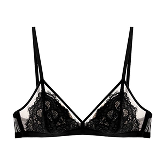 Women's Lace Bras No Underwire Lace Unlined Demi Front Closure See Through Minimizer Triangle Bralettes (XL, Black)
