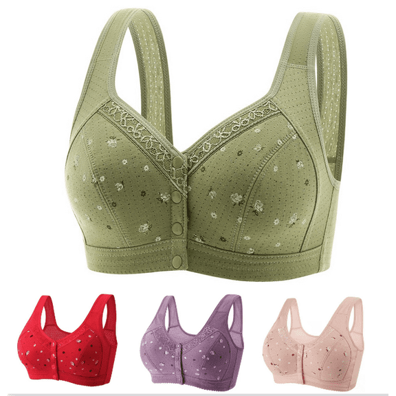 Women's Lace Bras Snap Closing Cycling Front Button Comfortable Everyday Sleep Bras Wireless Fall Older Women Bra - Green,40