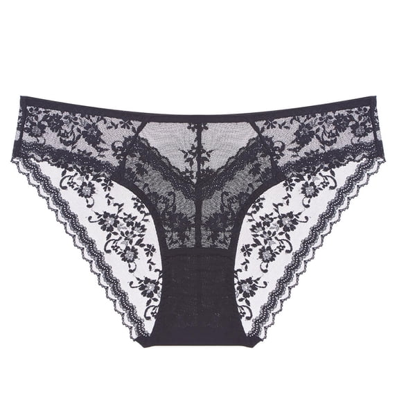 Women's Lace Briefs Floral Sheer Mesh Bikini Panties Valentine's Day Casual Underwear Satin Panties Black M