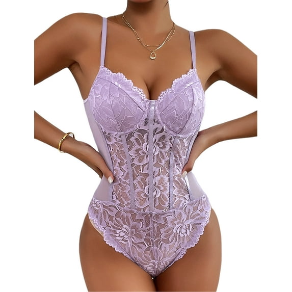 Women’s Lace Bustier Cami Bodysuit Sleeveless Sheer Mesh Corset Romper Adjustable Straps Underwire Slim Fit Bodycon Nightclub Jumpsuit Leotard