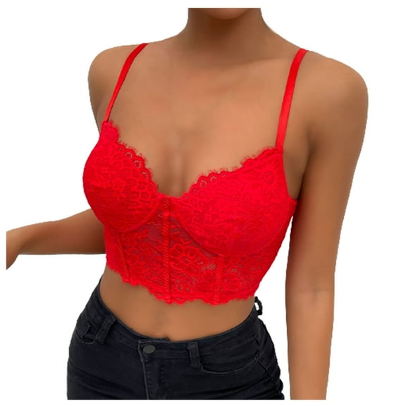 Women's Lace Bustier Crop Cami Top Adjustable Camisole Tank Top Women's Lace Spaghetti Strap Tank V Neck Crop Cami Top Red,M