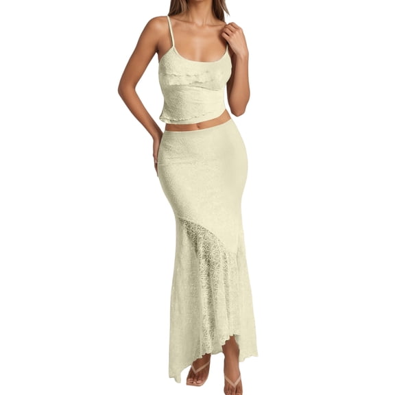 Women's Lace Camisole Set Sexy Crop Top Ruffled Hem Summer Boho Bodycon Long Skirt Suit Elegant Party Outfit