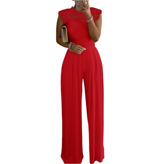 Women's Lace Cap Sleeve Wide Leg Jumpsuit Elegant High Neck Dressy Party Outfit