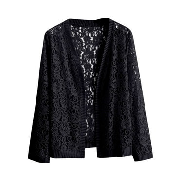 Women's Lace Cardigan Lightweight Crochet Cardigan Solid Color V Neck Long Sleeve Shrug Sweater Tops Fall Jacket