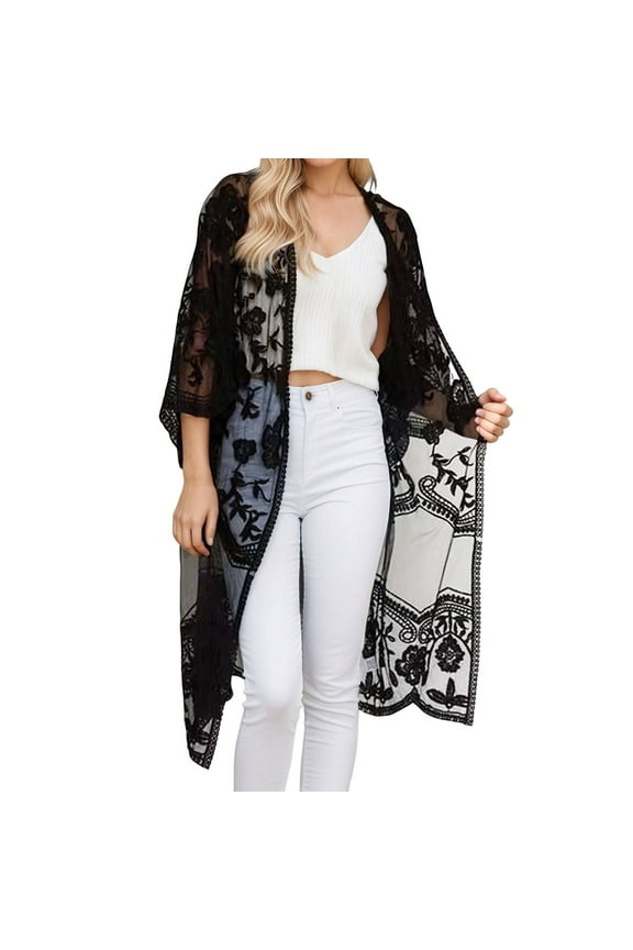 Women's Lace Cardigan Long Sleeve Sheer Mesh Open Kimono Cover Up Floral Embroidery Crochet Beach Casual Versatile