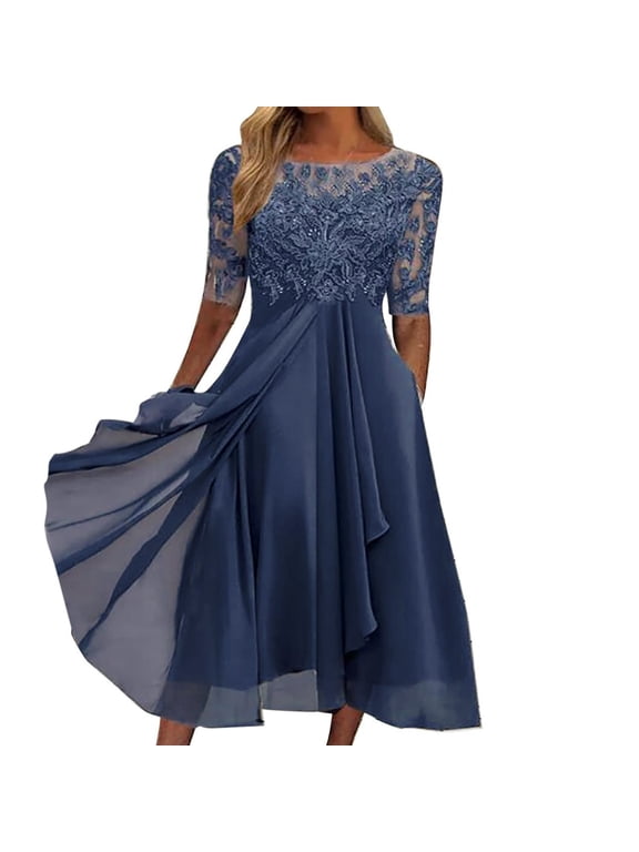 Women's Lace Chiffon Tea Length Dress, Half Sleeve Embroidery Formal Midi Dress, Elegant Wedding Guest Bridesmaid Dress, Modest Flowy Party Dress, S-3XL
