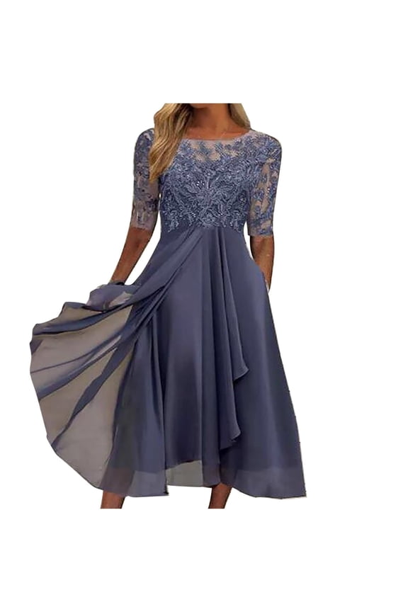 Women's Lace Chiffon Tea Length Dress, Half Sleeve Embroidery Formal Midi Dress, Elegant Wedding Guest Bridesmaid Dress, Modest Flowy Party Dress, S-3XL